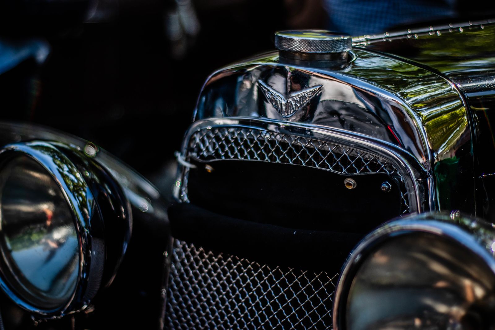 Polished chrome trim on a classic car